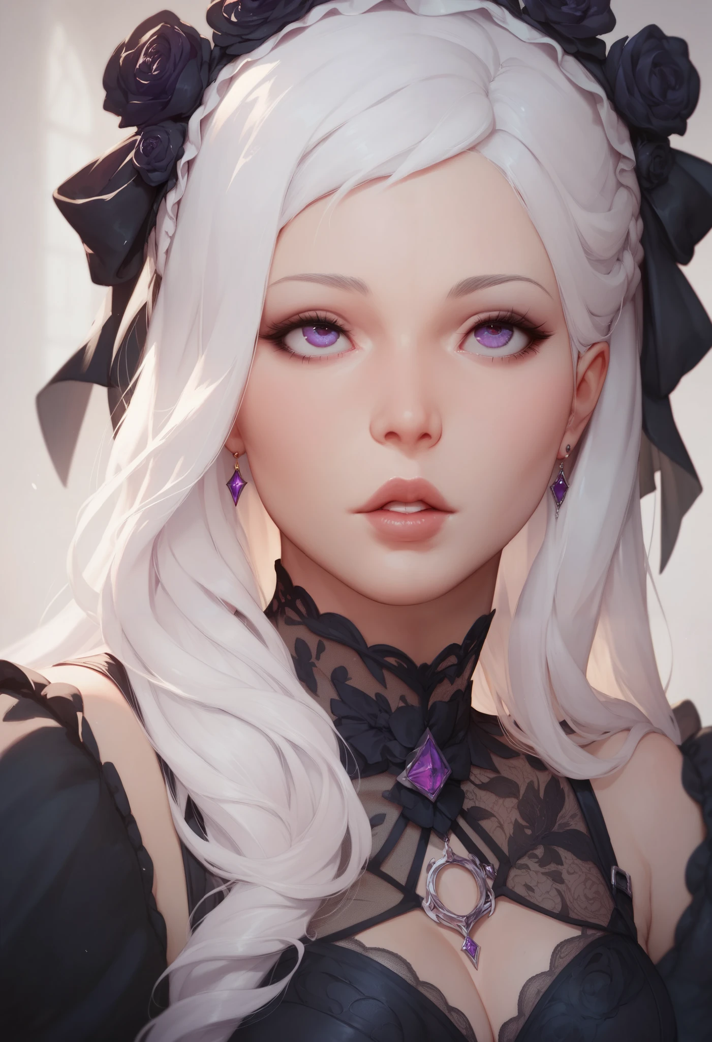 Masterpiece, best quality, high resolution, beautiful girl, Black sheer lace, beautiful eyes, detailed eyes, beautiful lips, beautiful face, Gothic ta Fashion,　Looking up,　Mouth half open , dramatic lighting, deep shadows