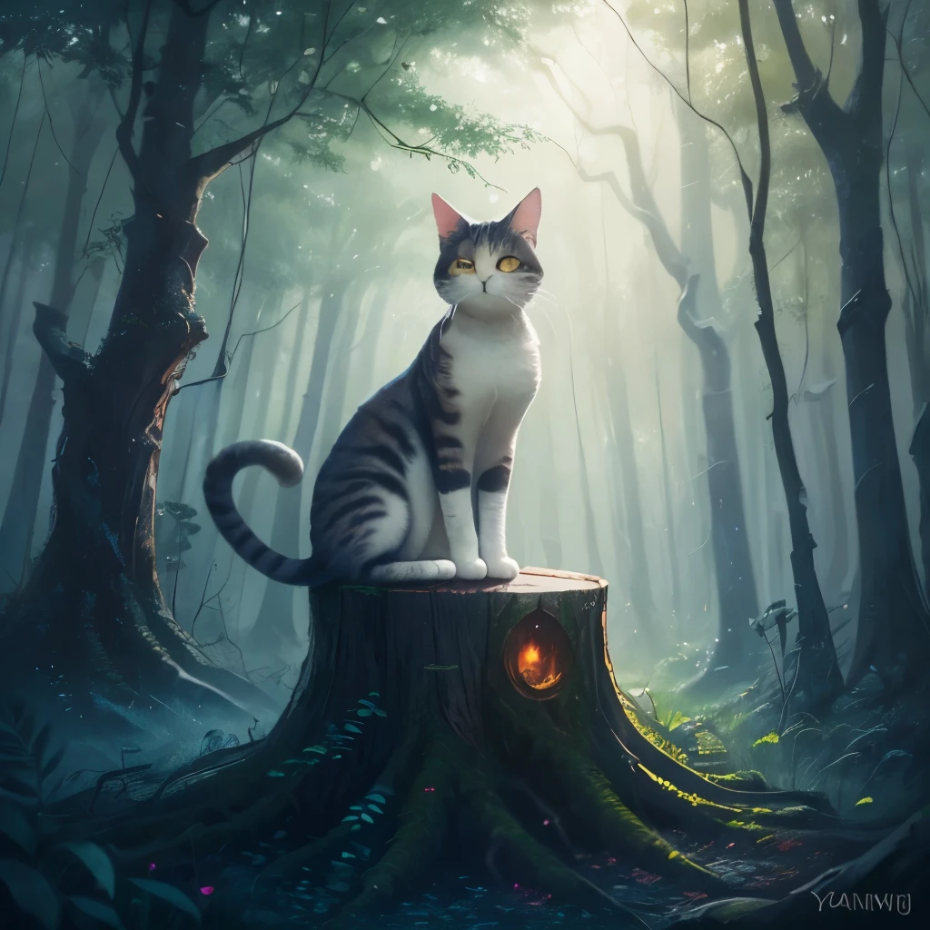 painting of a cat sitting on a tree stump in a forest, cat in the forest, sitting in a colorful forest, in a magical forest, in the magical forest, by Yang J, magical forest, detailed painting 4 k, magical colors and atmosphere, warrior cats fan art, dreamy art, wow it is beautiful, magical environment, jen bartel, warrior cats