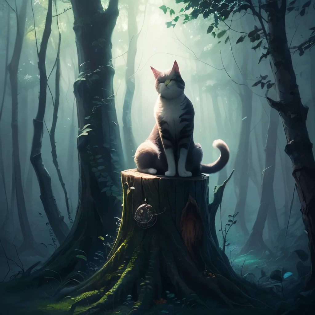 painting of a cat sitting on a tree stump in a forest, cat in the forest, sitting in a colorful forest, in a magical forest, in the magical forest, by Yang J, magical forest, detailed painting 4 k, magical colors and atmosphere, warrior cats fan art, dreamy art, wow it is beautiful, magical environment, jen bartel, warrior cats