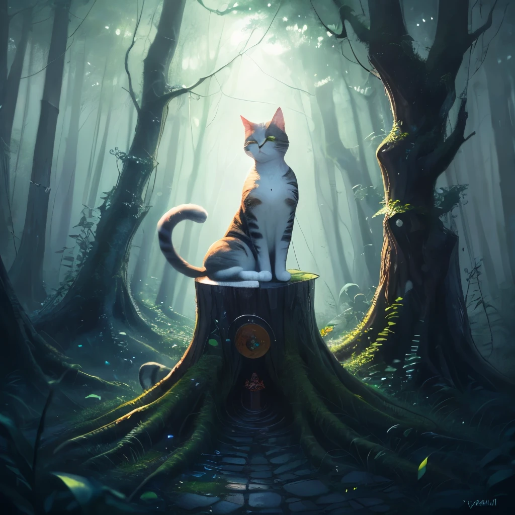 painting of a cat sitting on a tree stump in a forest, cat in the forest, sitting in a colorful forest, in a magical forest, in the magical forest, by Yang J, magical forest, detailed painting 4 k, magical colors and atmosphere, warrior cats fan art, dreamy art, wow it is beautiful, magical environment, jen bartel, warrior cats