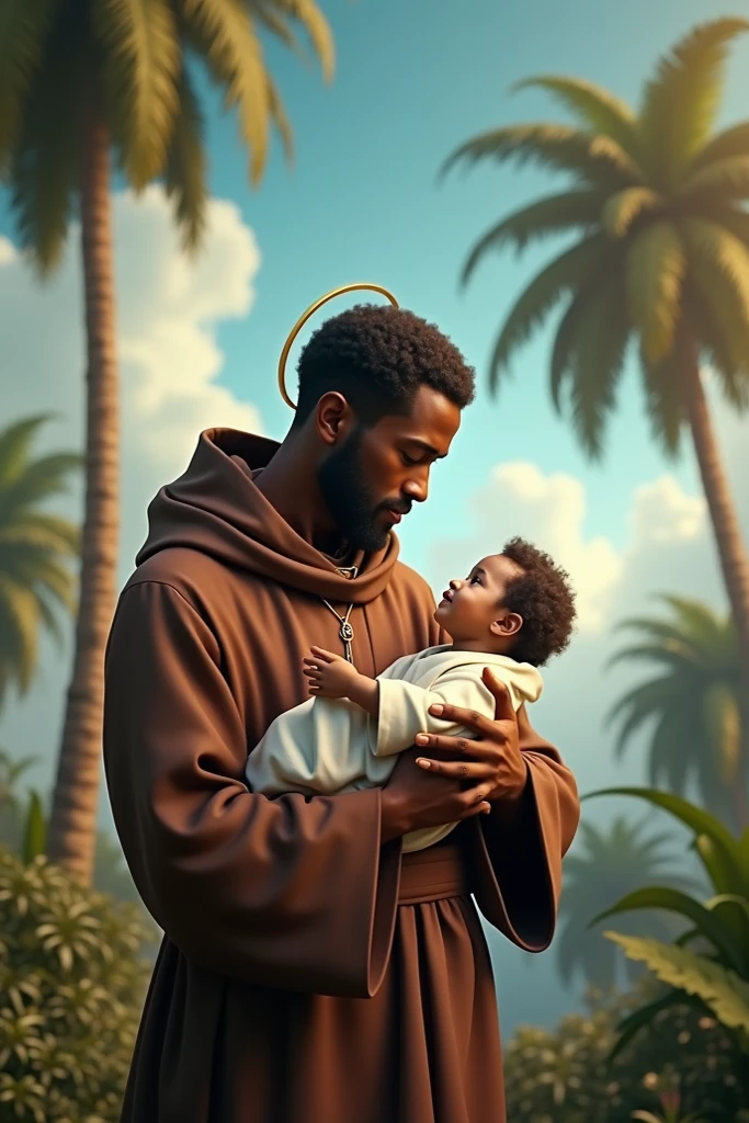 Franciscan black man holding baby Jesus in his arms