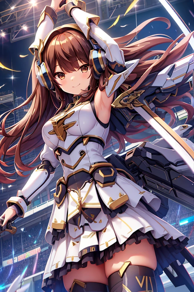  and smiles 、mecha wing、Thighs、tights、chest、 Shiny Brown Hair 、  1 girl、 solo girl 、 headphones、idol dress、idol skirt、 miniskirt、mecha girl、I have a white armor 、 I have a sword、sword