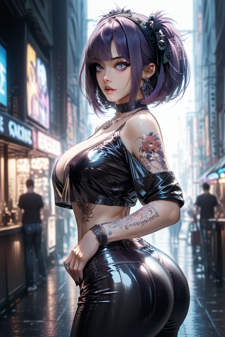 (photorealistic:1.8, highest quality:1.8,8K masterpiece:1.8,High resolution,muste piece:1.8,RAW Photos,cinematic lighting),No split screen, cyber punk、Back alley of the city at night、rain-soaked ground、vapor、 (1 android girl:1.3)、Completely naked、full body tattoo、choker、beautiful breasts、denim shorts、beautiful butt,beautiful thighs,plump nipples、Nipples are visible through the costume,cameltoe,Body painting with a pop design drawn all over the body、pop art design、cutting edge fashion、conceptual art、 (Beautiful shining purple blue white gray gold hair:1.5)、Stoic
