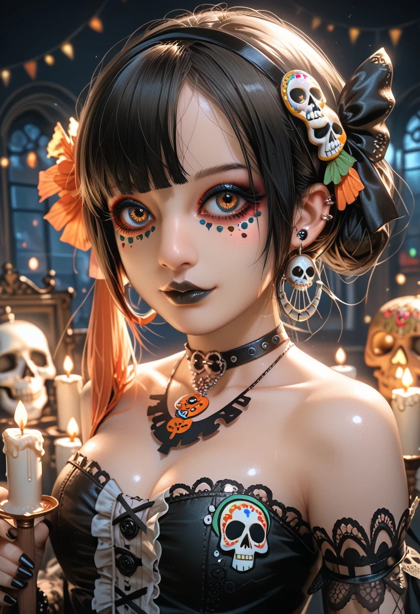 in a psychedelic and chiness style a representation of the Day of the Dead on a beautifull female face ,magnificent and detailed. Lots of texture and an whirlwind explosion of dark powder in the background, upscale 8k
