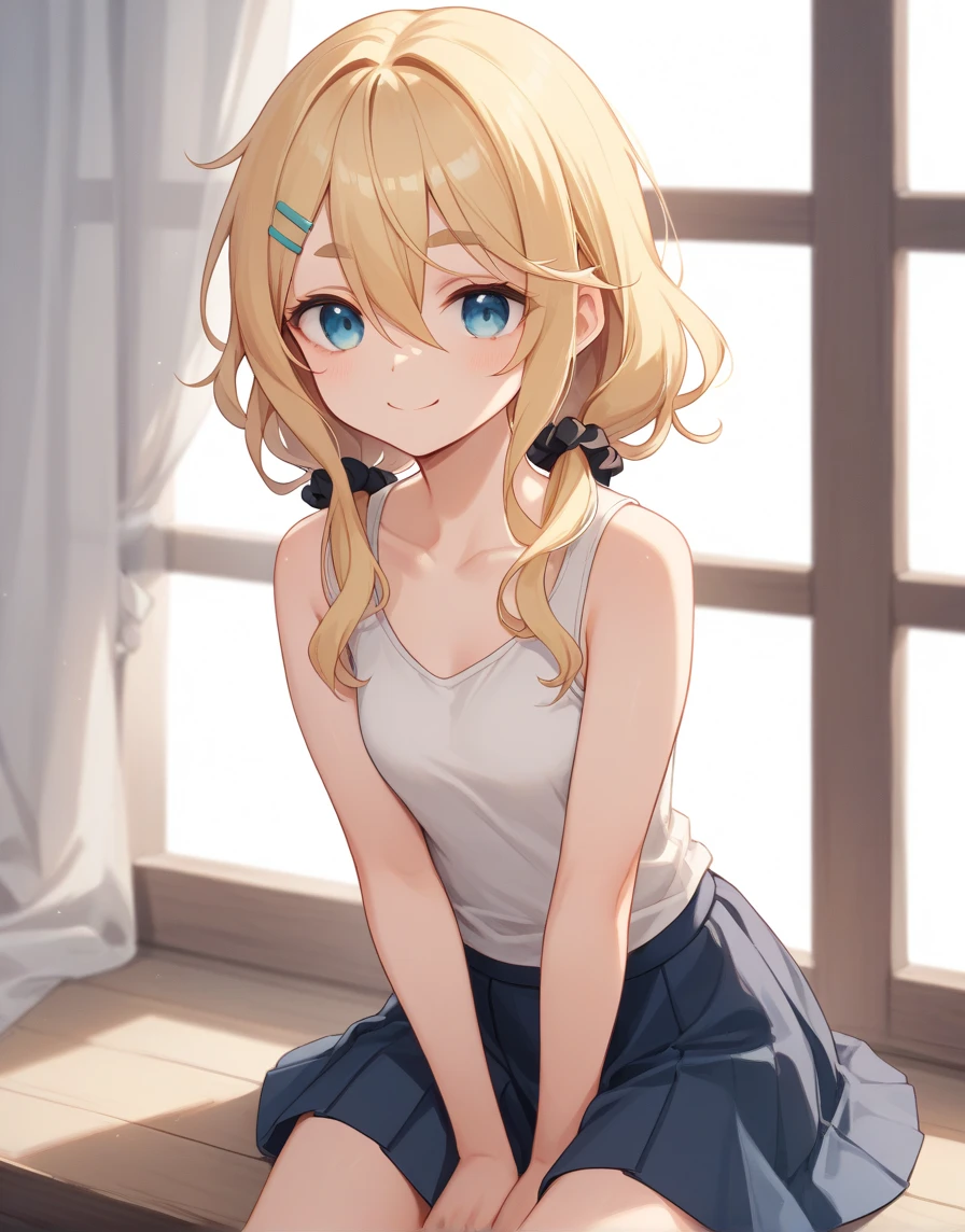 nsfw, woman、High image quality、nsfw, female, high quality, ((hairs between eyes)), ((low twintails)), Blonde, droopy eyes, cobalt blue, wavy hair, downward leaning eyebrows, smile, hairclip salmon pink left, Tank top , skirt , hair scrunchie , ((sitting sideways yokozuwari))