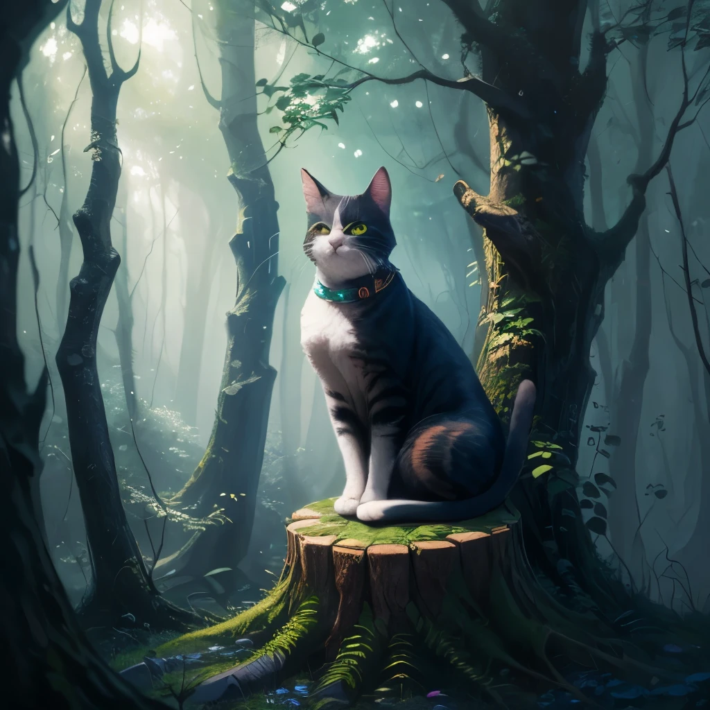 painting of a cat sitting on a tree stump in a forest, cat in the forest, sitting in a colorful forest, in a magical forest, in the magical forest, by Yang J, magical forest, detailed painting 4 k, magical colors and atmosphere, warrior cats fan art, dreamy art, wow it is beautiful, magical environment, jen bartel, warrior cats