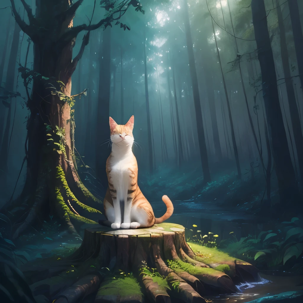 painting of a cat sitting on a tree stump in a forest, cat in the forest, sitting in a colorful forest, in a magical forest, in the magical forest, by Yang J, magical forest, detailed painting 4 k, magical colors and atmosphere, warrior cats fan art, dreamy art, wow it is beautiful, magical environment, jen bartel, warrior cats