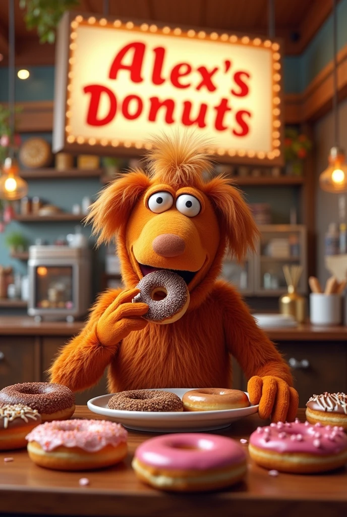 Alf Tanner eating donuts and a sign that says Alex'S Donuts 