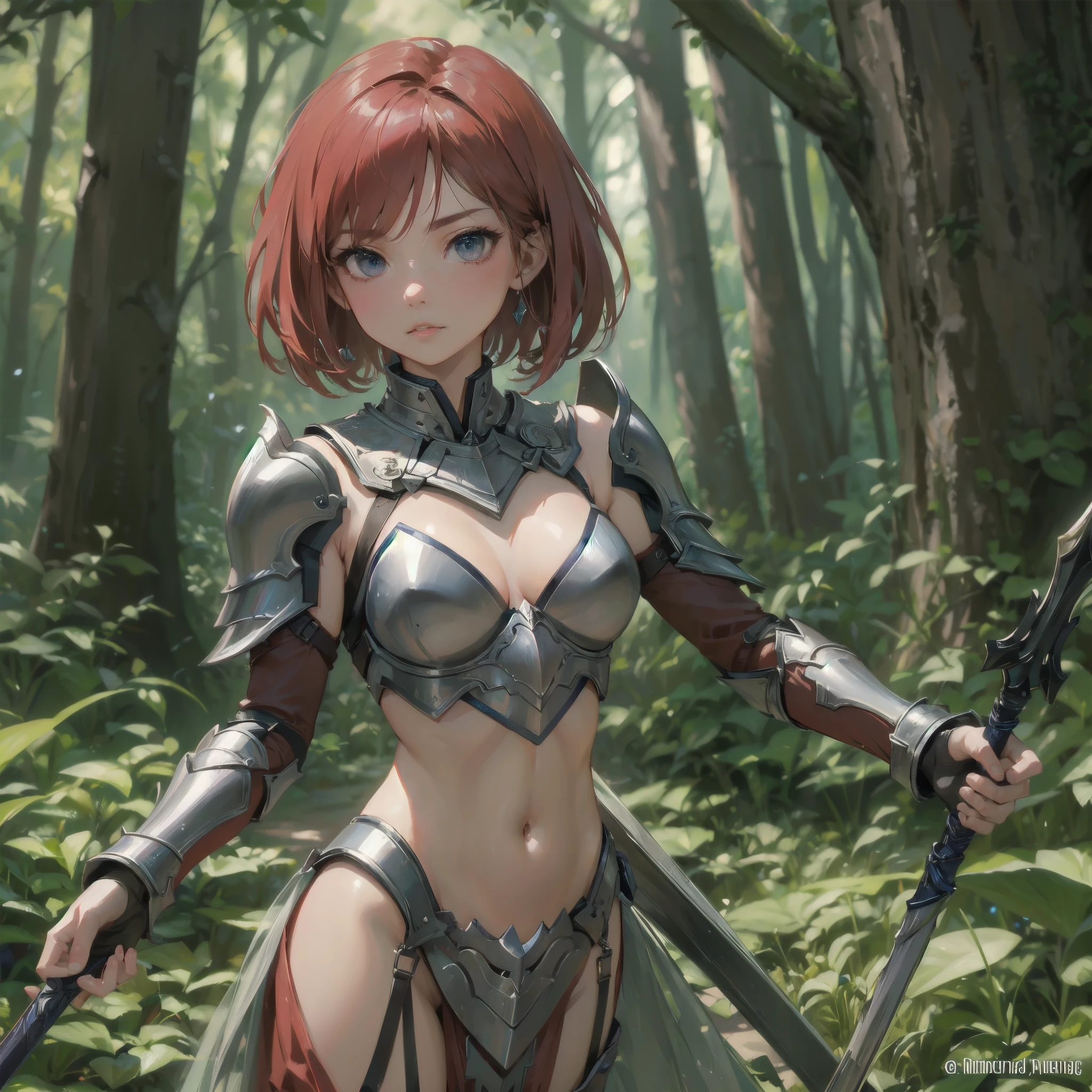 (watercolor: 1.2), warrior, bangs, redhead, short hair, green eyes, hair between eyes, blurred background, high resolution, large breasts, full body, fantasy, medieval --auto --s2