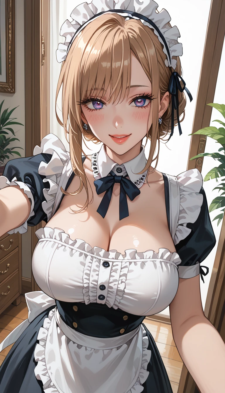 score_9, score_8_up, score_7_up, score_6_up,source_anime,masterpiece,best quality,beautiful detailed eyes, beautiful detailed lips, extremely detailed eyes and face, long breasts, 1 woman, Smile, maid, large breasts, tight waist, stylish body, room, ecstatic expression, flushed face, shooting from above, selfie