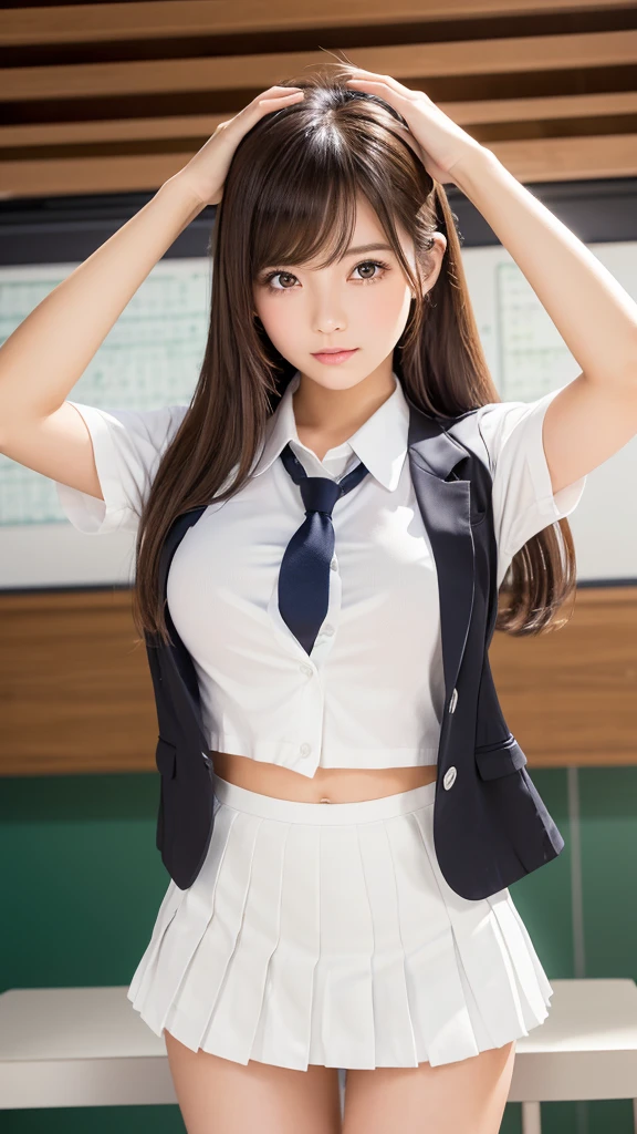 (8k, RAW Photos, Highest quality, masterpiece:1.2), (Twin tails), alone, Looking at the audience, Viewed from the front, ((性欲が強いhigh school girl:1.5))、Beautiful white skin, knees, Absurd face is small, Part your bangs down the middle, The forehead is visible, Glare, ((Mischievous Smile:1.3)), Ultra-high resolution, cute, (exterior々Colorful and sexy uniforms:1.5), high school girl, (:1.5), Japanese women, Are standing, (Photorealistic:1.37), Photon Mapping, Realistic, cute顔が小さい, Brown eyes, prospect, Written boundary depth, Blurred Background, (I can see the bangs), Silky smooth hair, Beautiful thin thighs, Small beautiful butt, Light clothing, thigh, Nogizaka idol, Idol, (Detailed hands:1.2, Accurate hands:1.1, Beautiful little hands of a girl:1.3), (Small small breasts:1.3, Cleavage), Super quality, Low people, (Clear white skin, Skin with visible pores:1.2), (Focus on the face), Check and correct the garment construction, (Perfect Anatomy:1.3), (Detailed eyes and face:1.2, Professional photography techniques)