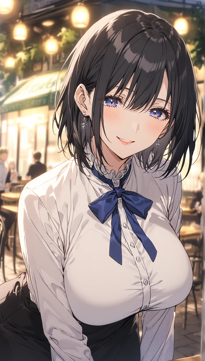 solo, young mature woman, black short hair, blue eyes, mouth close, smile, white shirt, blue bowtie, black pencil skirt, black pantyhose, big breast, small silver earrings, bright light scene, outdoor cafe, outdoor, ((depth of field, focus))