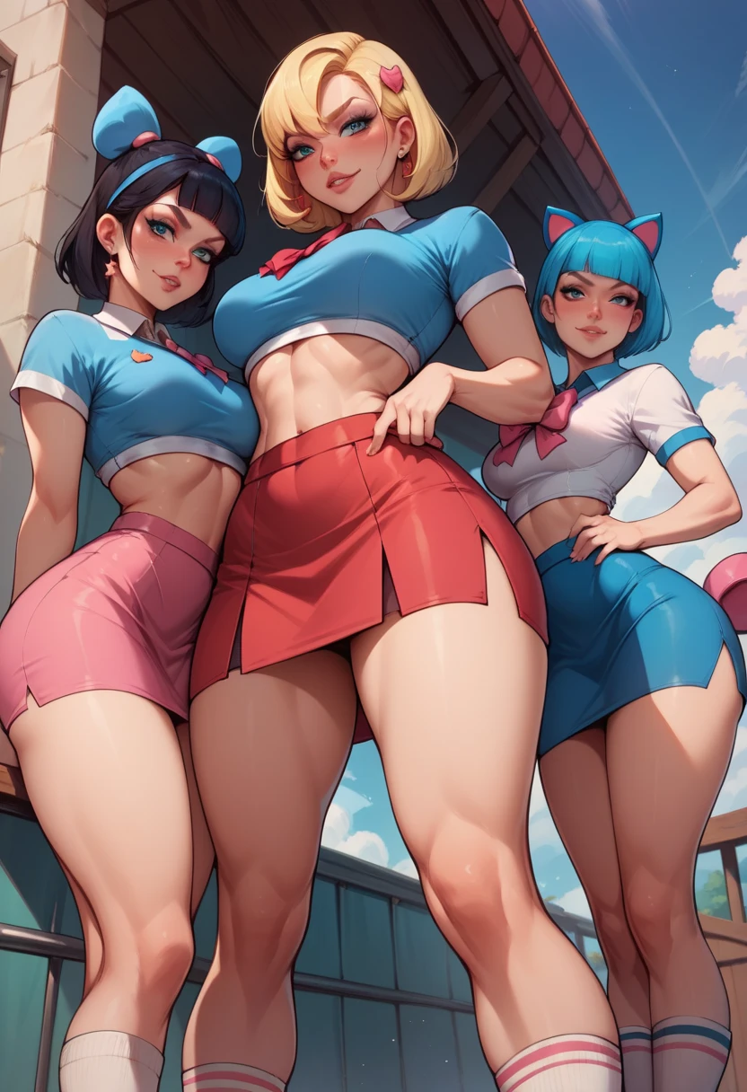 3 girls (((3 girls))), (((slim muscular girl thin muscular girl slim cut physique girl thin waist large breasts skinny))) very dark skin black skin very dark brown skin black hair yellow eyes back alley darkatmosphere trash bins blowing paprs in the wind