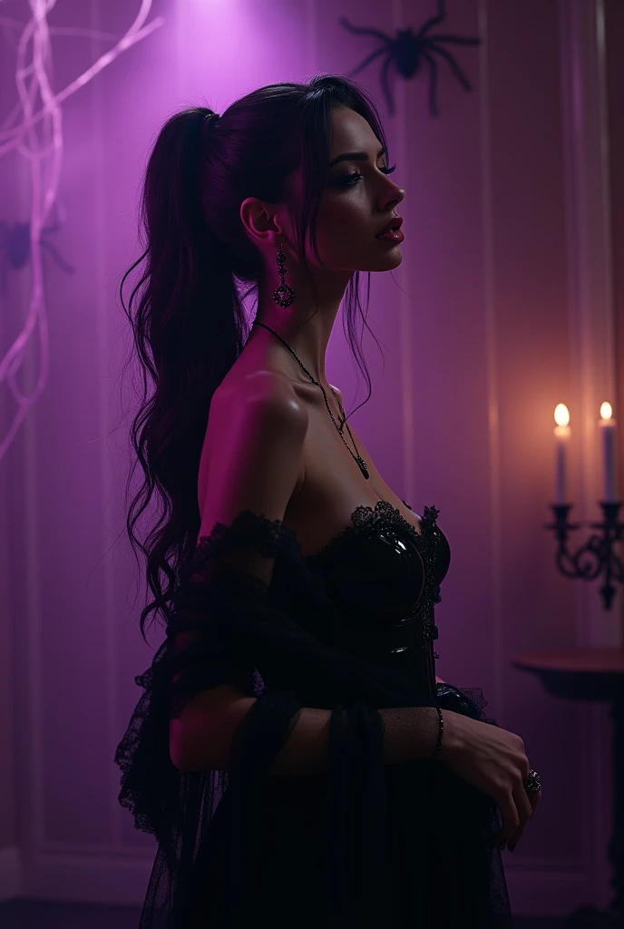 Hyper realistic super detailed sexy young gothic girl , expressions faciales sexy, seductive facial expressions, dynamic pose, back view [:(Face detail: 1.4): 0.4], 16K resolution, 4k resolution, (Ventre plat parfait), (image couleur), BREAK I. Outfit: Elegant, enchanting, long and fitted dress, plunging back, deep neckline, long lace sleeves, belt adorned with mystical symbols, high-heeled boots, black and silver jewelry.
II. Venue: Gothic castle, dark and mysterious atmosphere, dim lighting with chandeliers, library full of old grimoires, mirrors framed with magical motifs, incense-scented candles, mystical mist floating in the air.
III. Decoration: Gothic ambiance, dim lighting with violet and blue lights, refined furniture with touches of black and silver, black velvet drapes, mirrors adorned with witchcraft motifs, lavender-scented candles, BREAK, looking at viewer, masterpiece, best quality, highly detailed, desire, blush, (Beautiful and detailed eyes description), (beautiful and detailed face), Perfect female body, (Best Quality), (ultra-detailed), (master piece), (high resolution), (Original), (the Extremely Detailed CG Unity 8K Wallpapers)