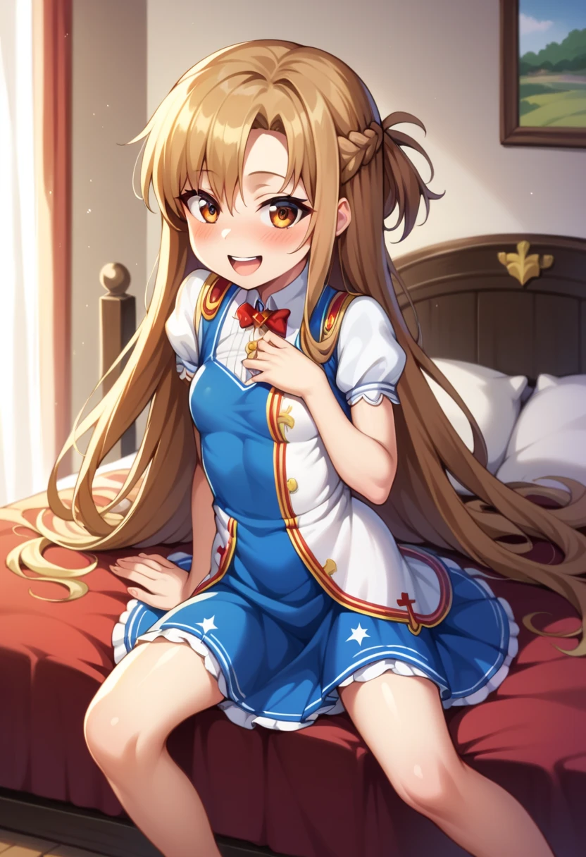 (( best quality)), ((masterpiece)), (be familiar with),  perfect face, indoor, bedroom,  watching viewers ,
One woman,  Asuna Yuki,
 characters with open mouth ,  ecstatic expression with hands in front of body, blush, smile,
Small breasts,  flat chested, Young girl, Lori,  ,  girl,
 long hair,  long hair,
Leg spread,