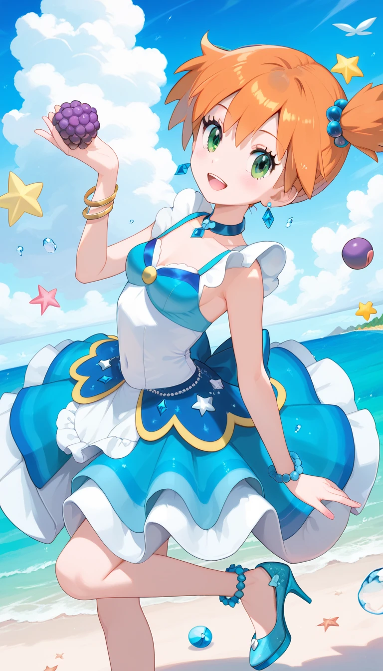 (Misty_Pokemon) 4k, 8k, high quality,
(Berry Short,Orange Hair,Big green eyes,Small breasts,Skinny) Ball Gown: This is a dress exclusive to Pokémon Contests, introduced in the sixth generation of the video games. It is a Japanese idol dress with pastel and bright blue colors, decorated with various ornaments such as pearls, diamonds or starfish. It is a beautiful dress that represents the sea.. It includes a bow,  high heels, and a golden bracelet to Mega Evolve .Dress in blue tones, beautiful shiny dress, masterpiece, best quality