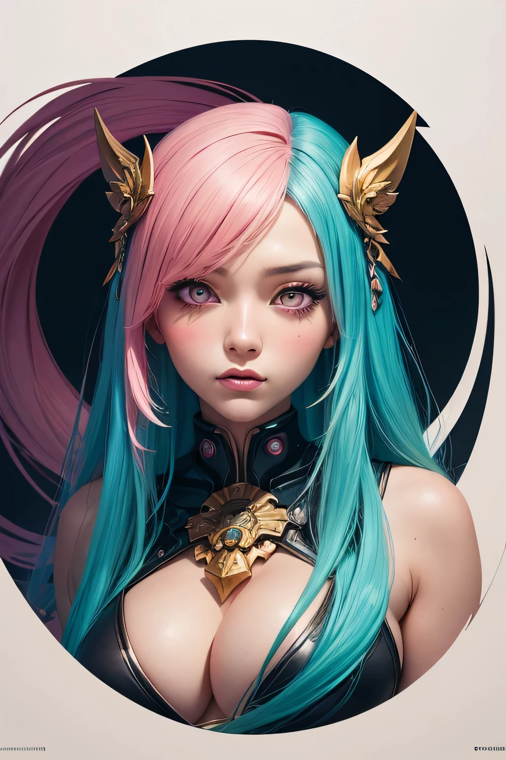 big breasts, cleavage, looking at viewer, arms behind back, ulzzang, portrait, sexy, submissive, ((seductive)), ((heavy blushing)), shy, tease, Sharp focus, ((shiny skin)), ((naughty girl)), surreal landscape,abstract,colorful,fluffy,nightmare,distorted shapes,pastel colors,dreamlike,molten textures,swirling patterns,inconsistent perspective,unnatural proportions,detailed,unsettling,high contrast,ethereal atmosphere,vibrant hues,uncanny,dreamscape,nightmare scene,surrealistic,unrestrained imagination,incoherent thoughts,bizarre scenarios,distorted emotions,intense,hallucination,transformative,unpredictable,whimsical,episodic,a painting of a pagoda in the evening,in the style of graphic design-inspired illustrations,circular shapes,detailed botanical illustrations,light cyan and orange,mythological influences,chinapunk,high quality,super detailed,super exquisite,paper-cut art,architecture,masterpiece,perfect face of a cyberpunk mecha japanese girl, pink hair, cyan eyes