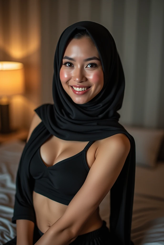 Make a glossy realistic photo of an Indonesian woman, wearing a black headscarf, tall, light skinned, sitting on a bed, beautiful face, smiling.