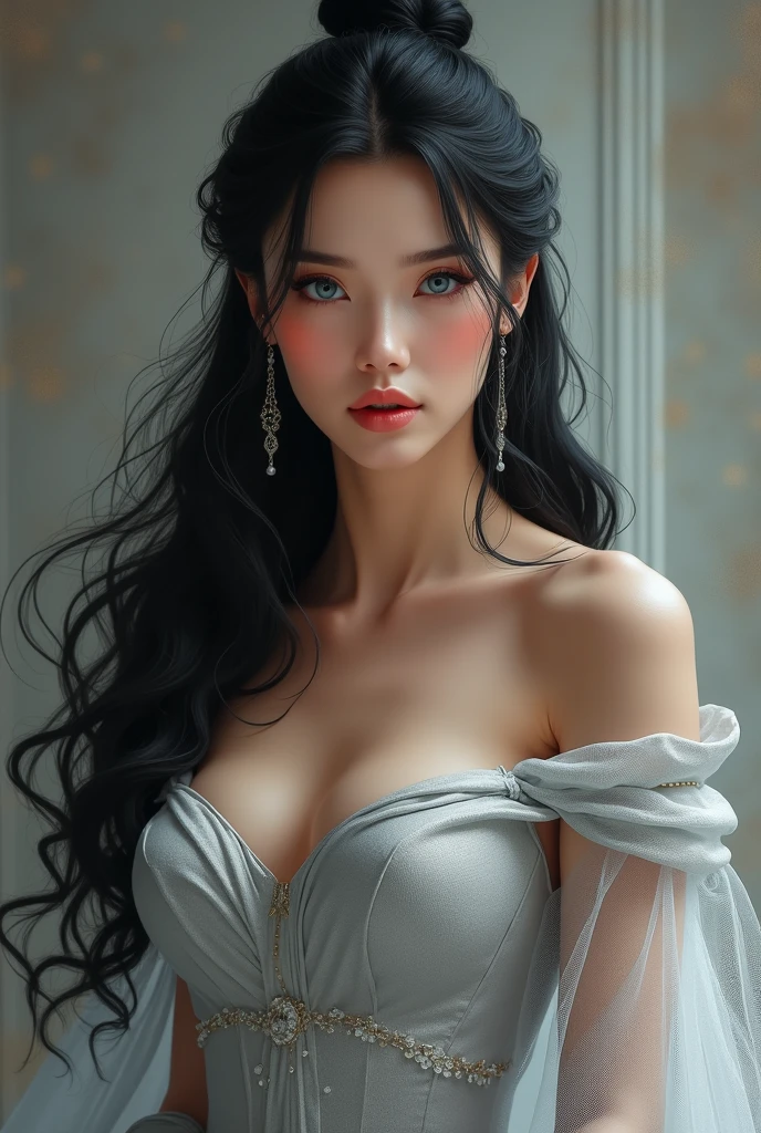 (Girl in a semi-transparent off-the-shoulder black dress)、, (photo realistic:1.4), (hyper realistic:1.4), (realistic:1.3), (smoother lighting:1.05), (increase cinematic lighting quality:0.9),. 32K, 1girl,20yo girl, realistic lighting, backlight, light on face, ray trace, (brightening light:1. 2), (increase image quality:1.4), (highest quality realistic textured skin:1.4), finely drawn eyes, finely drawn face, (Big Blue Eyes), (tired, sleepy and satisfied:0.0), close-up of face, shirt with large cleavage visible, (enhance atmosphere of body lines:1.1), (beautiful textured skin:1.1)