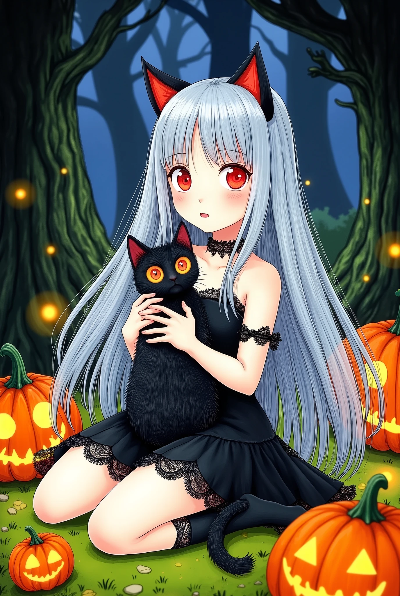 a beautiful anime girl in a halloween costume, long silver hair, glowing red eyes, black cat ears, black lace dress, holding a black cat, pumpkin lanterns, dark spooky forest background, dramatic lighting, vibrant colors, intricate details, digital art, artstation