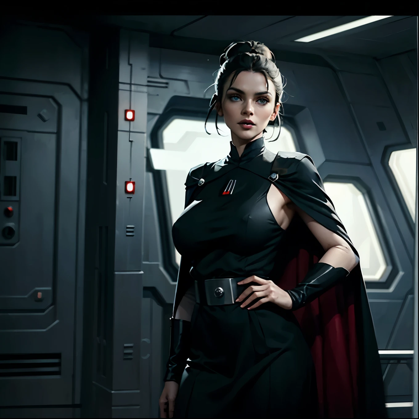 Incredibly detailed wide angle shot shot of a gorgeous and skinny woman with EXTREMELY saggy big breasts, nipples visible through clothing, a narrow waist, a supermodel thin body, with VERY narrow hips, super thin legs, (bimbo lips), vivid blue eyes, extremely detailed face, thoughtful expression, (long ((black)) hair styled in bun), Star Wars Imperial Officer black uniform, ((white) admiral cape), matte paint, atmospheric, dramatic lighting, standing inside an imperial space ship.