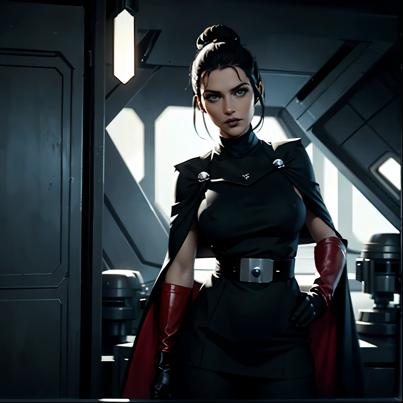 Incredibly detailed wide angle shot shot of a gorgeous and skinny woman with EXTREMELY saggy big breasts, nipples visible through clothing, a narrow waist, a supermodel thin body, with VERY narrow hips, super thin legs, (bimbo lips), vivid blue eyes, extremely detailed face, thoughtful expression, (long ((black)) hair styled in bun), Star Wars Imperial Officer black uniform, ((white) admiral cape), matte paint, atmospheric, dramatic lighting, standing inside an imperial space ship.