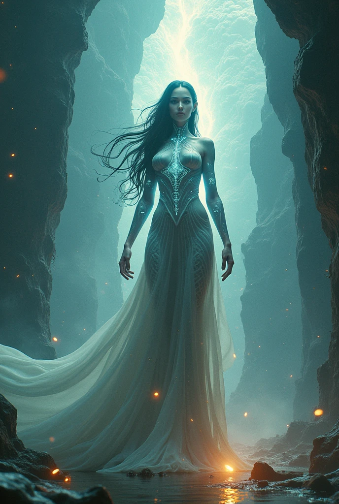 A shimmering and mysterious extraterrestrial being, the alien floats gracefully near a nebulous asteroid in a distant galaxy. Its slender form is adorned with intricate bioluminescent patterns that pulse softly against the galactic backdrop. The image, resembling a stunning digital painting, captures the otherworldly creature's ethereal beauty with stunning detail. Every feature, from its elongated limbs to its mesmerizing eyes, exudes an air of enigmatic elegance. This captivating illustration evokes a sense of wonder and awe, drawing viewers into a fantastical realm where the unknown becomes breathtakingly real.