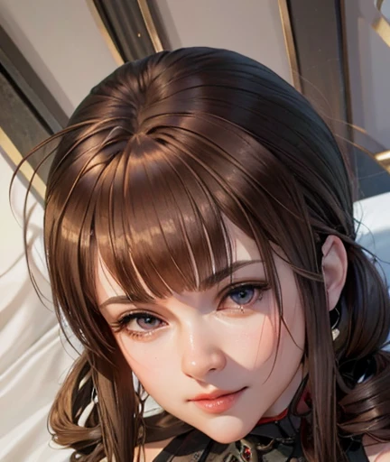  There is a woman with long hair who wears a suit and tie , secretaria hiperrealistic, secretaria hiperrealistic, Realistic young anime girl  ,  anime-style realism  , estilo de arte anime realistic , estilo de arte de anime realistic , Estilo anime 3D realistic, portrait of an anime girl,  artwork in the style of Guweiz  , Detailed portrait of an anime girl,  incredible anime face portrait  . model, of Eastern European origin  (beautiful,elegant,sexy) and Germany (beautiful,sexy,linda) ,  Just looking at the viewer  , (realistic:1.4), (:1.0),  slightly pink eyes (Perfect),  Round pupils  (perfecta), eyelashes(perfecta),eyebrows(perfecta),form (perfecta),form(better light),square and wide face,  big eyes,(beautiful,sensual), shirt,  sleeveless jacket and gray color , black tie, (  brown hair color  ),Short bangs(perfecta), three locks of hair (Ahoge)  above her bangs, Braid, (  cute crossover pigtails  :1.2), Cut hime cut , ( diaper hair clip),( hairpin on your bangs), (smile, sensual), (while looking at you),(Detailed, ultra-Detailed, high Detailed, ultra realistic 8k CG,  perfect artwork, lyrical), wooden table, flores, information, no profit 