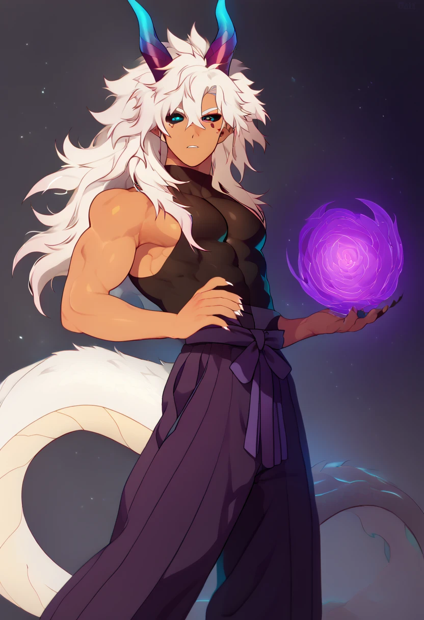 Solo, tanned dragon man, bara, with white hair, fluffy messy hair, long unruly hair, dragon horns, black scales, long tail, black sclera, heterochromia, magenta eye, teal eye, abyssal power ,buff, black hole aesthetic , gradient skin, claws, angled from yhe side, looking at camera, hakama pants, ((multiple hues: purple, magenta, teal, blue)), super tired, abyssal magic