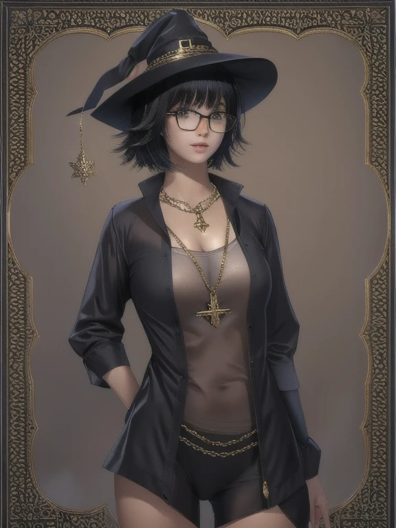 "A female character. She has short, layered black hair with soft bangs framing her face, her eyes are blue, she wears round glasses that give her a calm and intelligent appearance. She has a toned abdomen, toned legs. Muscular body Her outfit includes a tight, long-sleeved black tunic that accentuates her figure, she wears a witch's hat, She wears a gold necklace with a prominent pentagram pendant, giving her an elegant and understated charm. Her expression is neutral, with a serene yet inquisitive look. Full body