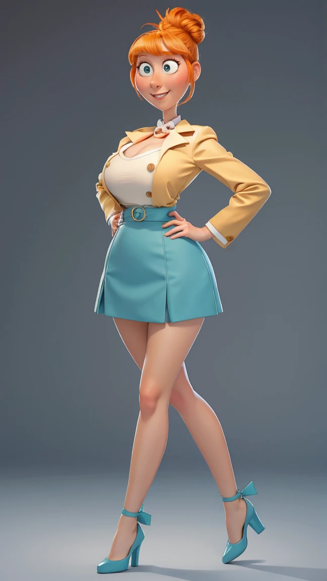 1 woman,  Orange hair tied in a bun,  green eyes,  light smile base ,  freckles on the cheeks ,  thin eyebrows,  white collar with bow , teal jacket , pale skin, Standing,  cartoon , (Pixar:1.2), Lucy Wilde, long nose, successes, short skirt, full body view ,  wide hips ,  big breasts, fitted top,  Camel toe ,  big breasts,  big breasts,  Camel toe ,  wide hips ,  sexy look , pose sexy