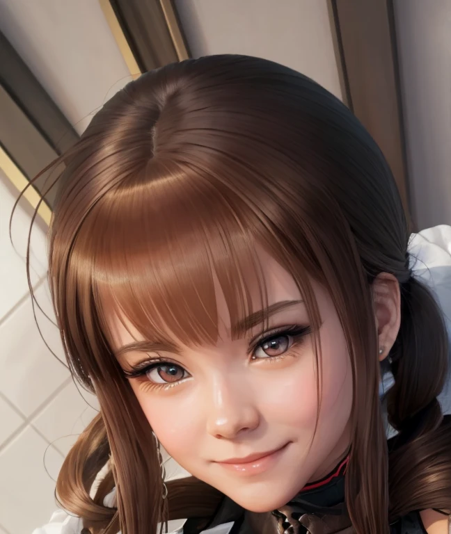  There is a woman with long hair who wears a suit and tie , secretaria hiperrealistic, secretaria hiperrealistic, Realistic young anime girl  ,  anime-style realism  , estilo de arte anime realistic , estilo de arte de anime realistic , Estilo anime 3D realistic, portrait of an anime girl,  artwork in the style of Guweiz  , Detailed portrait of an anime girl,  incredible anime face portrait  . model, of Eastern European origin  (beautiful,elegant,sexy) y asian (beautiful,sexy,linda) ,  Just looking at the viewer  , (realistic:1.4), (:1.0),  slightly pink eyes (Perfect),  Round pupils  (perfecta), eyelashes(perfecta),eyebrows(perfecta),form (perfecta),form(better light),square and wide face,  big eyes,(beautiful,sensual), shirt,  sleeveless jacket and gray color , black tie, (  brown hair color  ),Short bangs(perfecta), three locks of hair (Ahoge)  above her bangs, Braid, (  cute crossover pigtails  :1.2), Cut hime cut , ( diaper hair clip),( hairpin on your bangs), (smile, sensual), (while looking at you),(Detailed, ultra-Detailed, high Detailed, ultra realistic 8k CG,  perfect artwork, lyrical), wooden table, flores, information, no profit 