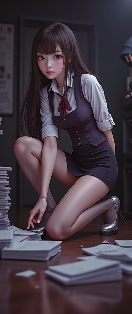 a woman , elegant dress, tied to an office chair, barefoot ,wrists and legs bound, , sitting in a teacher's office, dramatic, cinematic lighting, photorealistic, highly detailed, hyper-realistic, 8k, masterpiece