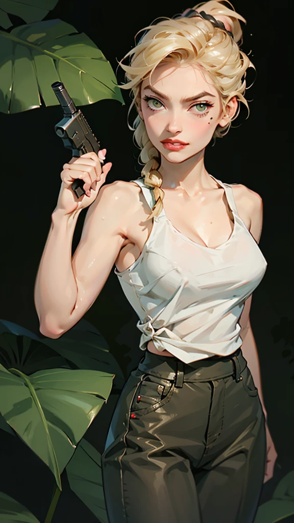 Denise, with helga's hair, evil smirk, blonde hair in braided ponytail, white tank top, cleavage, green pants, old-fashioned pistol in hand, underground cave, wet, nipple bumps