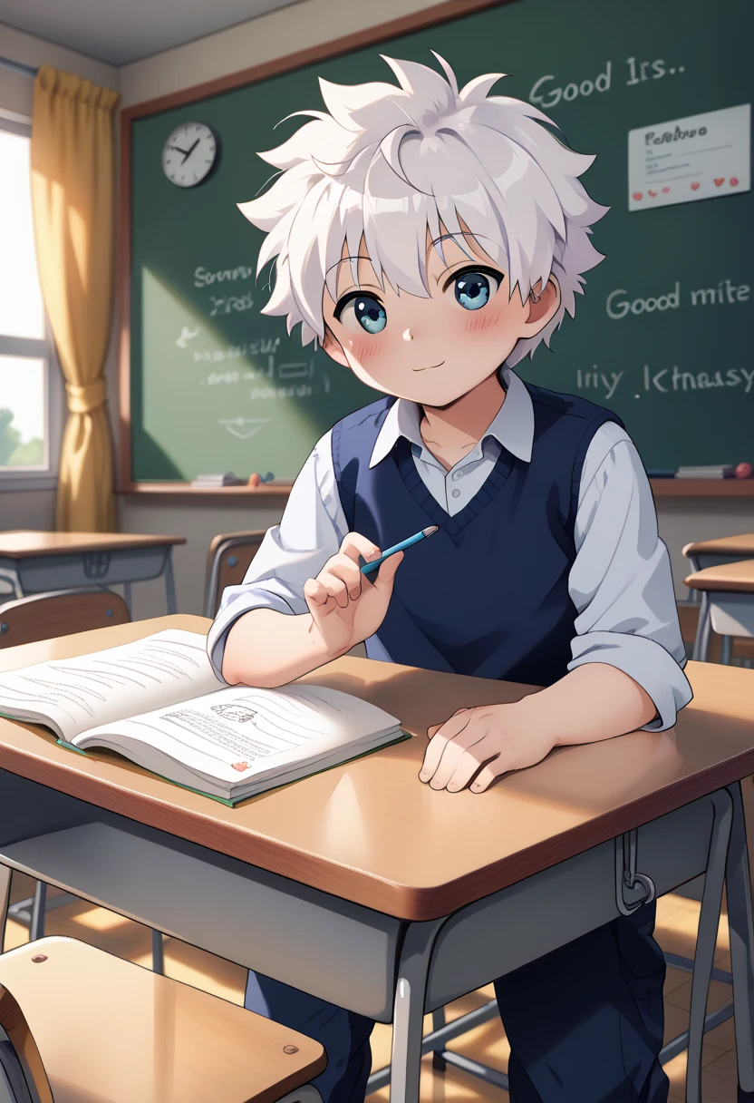 Coolness. And photorealistically high quality. good illustration,classroom,lying on table,detail real texture skin, (dagasi)., , (Detailed texture rich contrast). Nice illustration.,,shota,short height  body. Cute killua boy.,dynamic angle,looking  at away,,(clothes ,. 
,)detail eyes,,,white hair,slender body,cute face.