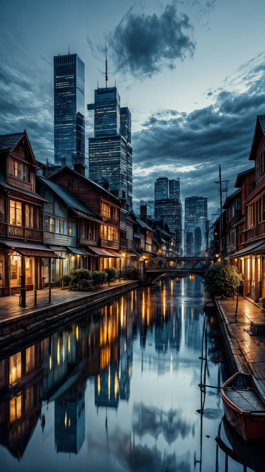 masterpiece, best quality, water, city, reflection of city, (fog:1.3)