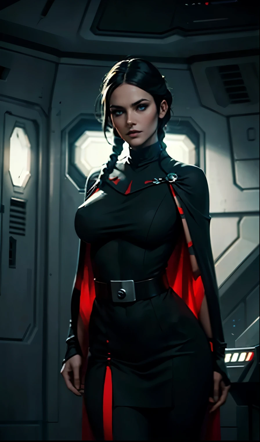 Incredibly detailed wide angle shot shot of a gorgeous and skinny woman with EXTREMELY saggy huge breasts, nipples visible through clothing, a narrow waist, a supermodel thin body, with VERY narrow hips, super thin legs, (bimbo lips), vivid blue eyes, extremely detailed face, thoughtful expression, (long ((black)) hair styled in braid), Star Wars Imperial Officer black uniform, ((crimson) admiral cape), matte paint, atmospheric, dramatic lighting, standing inside an imperial space ship.