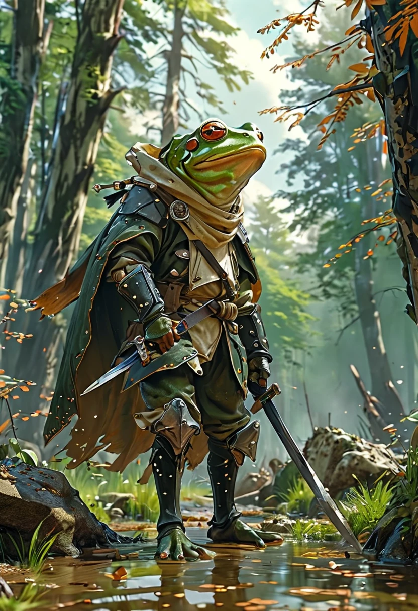(best quality), (masterpiece),(ultra-detailed:1.2),looking at viewer, close-up,
1boy,
<lora:swordup-pose-richy-v1:1.1> ,swordup,
<lora:Frog_CT:0.9> ,Frog_CT, frog,gold breastplate,green cape,glove,
grass field,rocky,
 <lora:flat2:-0.5> ,
 <lora:denoise_02_oa:2>,