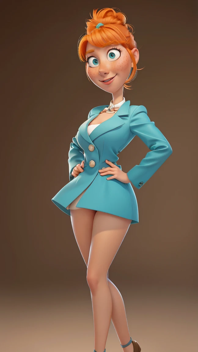 1 woman,  Orange hair tied in a bun,  green eyes,  light smile base ,  freckles on the cheeks ,  thin eyebrows,  white collar with bow , teal jacket , pale skin, Standing,  cartoon , (Pixar:1.2), Lucy Wilde, long nose, successes, short skirt, full body view ,  wide hips ,  big breasts, fitted top,  Camel toe ,  big breasts,  big breasts,  Camel toe ,  wide hips ,  sexy look , pose sexy