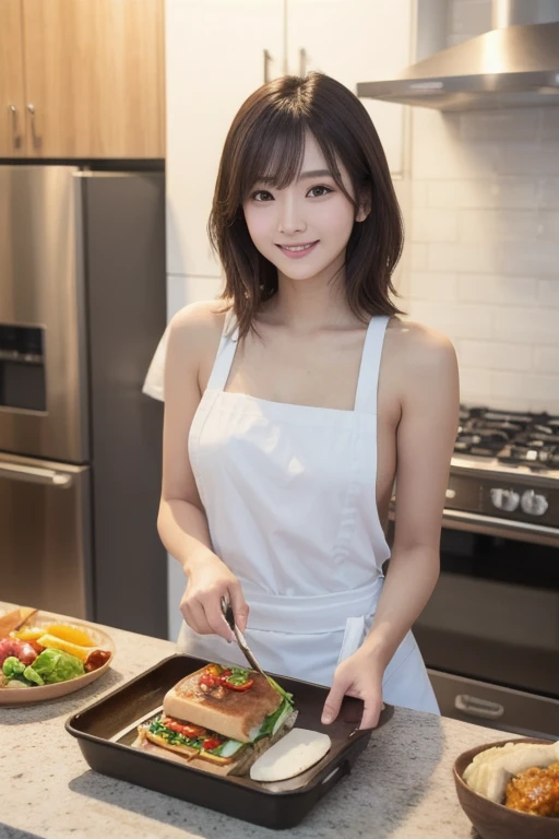 Kitchen Cooking dinner 、, Highest quality, shape, Very detailed, In detail, High resolution, 8k wallpaper, Perfect dynamic composition, Beautiful details,  Natural Lip, Naked with an apron, her breasts are spilling out, Big Breasts, Cleavage, She is smiling while cooking..., A masterpiece of the whole body, Full Body Shot