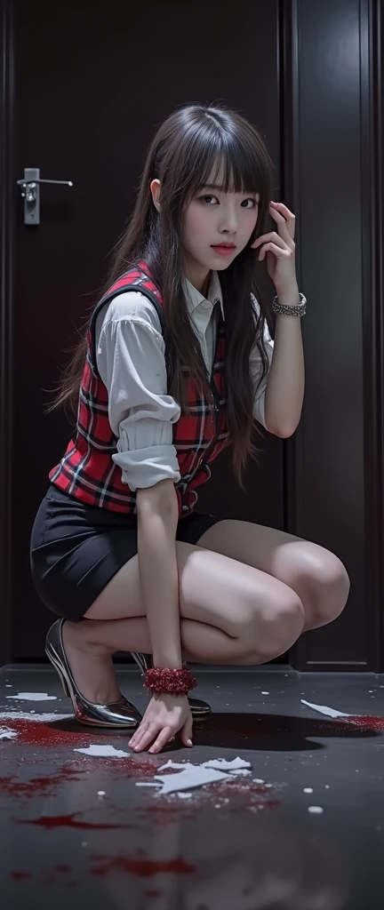 masterpiece、(((A girl in a miniskirt and no panties is squatting with her knees facing me.)))、(((14old people wear uniforms)))、exposed girl、detailed eyes、超High resolution(reality:1.4)very beautiful, beautiful skin, slender,slender body、small breasts、small breasts、((Are thin、concave abdomen))、thin and long legs、 (Super realistic), (High resolution), (8K), (very detailed), (Super detailed), details face,、NSFW、lascivious、obscene appearance、(((art)))、 super detail 、The central figure、leading part、Thigh strap for only one leg 、