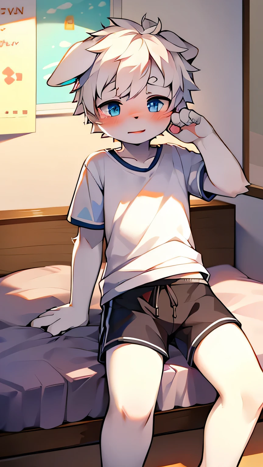 Puppy, wolf, boy, cute,white hair, blue eyes, floppy ears, blushing, sitting on the bed, wear shorts and t-shirts