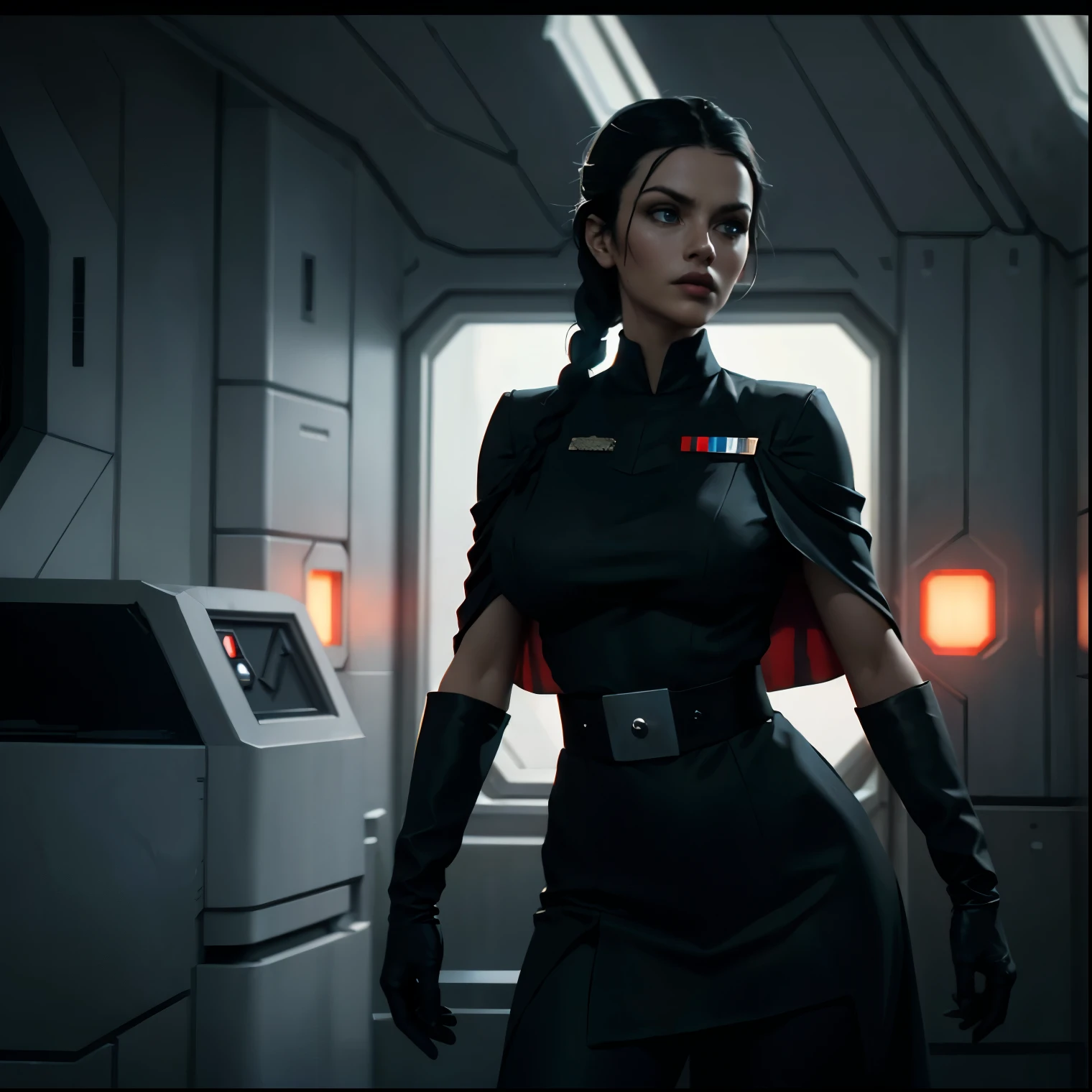 Incredibly detailed wide angle shot shot of a gorgeous and skinny woman with EXTREMELY saggy big breasts, nipples visible through clothing, a narrow waist, a incredibly supermodel thin body, with VERY narrow hips, super thin legs, (bimbo lips), vivid blue eyes, extremely detailed face, thoughtful expression, (long ((black)) hair styled in bun), Star Wars Imperial Officer black uniform, ((white) admiral cape), matte paint, atmospheric, dramatic lighting, standing inside an imperial space ship.