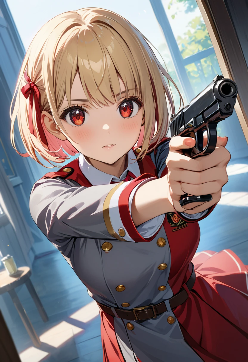 Masterpiece,Best Quality, absurdres,detailed reflecting eyes by professional digital painting, beautiful pretty cute small face, (1girl:1.3), nishikigi chisato, bob cut, hair ribbon,blonde hair,red eyes,lycoris uniform, two-tone dress, red dress, grey dress, neck ribbon, long sleeves, BREAK aiming at viewer, holding pistol, handgun