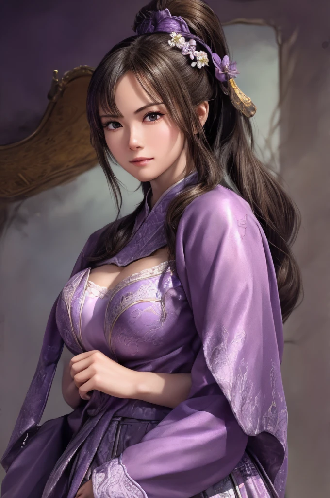  in armor and a purple cloak, 1 person, Cute Ponytail , large breasts and crevage , highly detailed face and skin texture, stare at the camera, perfect beauty: 1.4, fine grain, double eyelids, Whitening, best quality, ultra high resolution, simple background,, Chinese Warrior