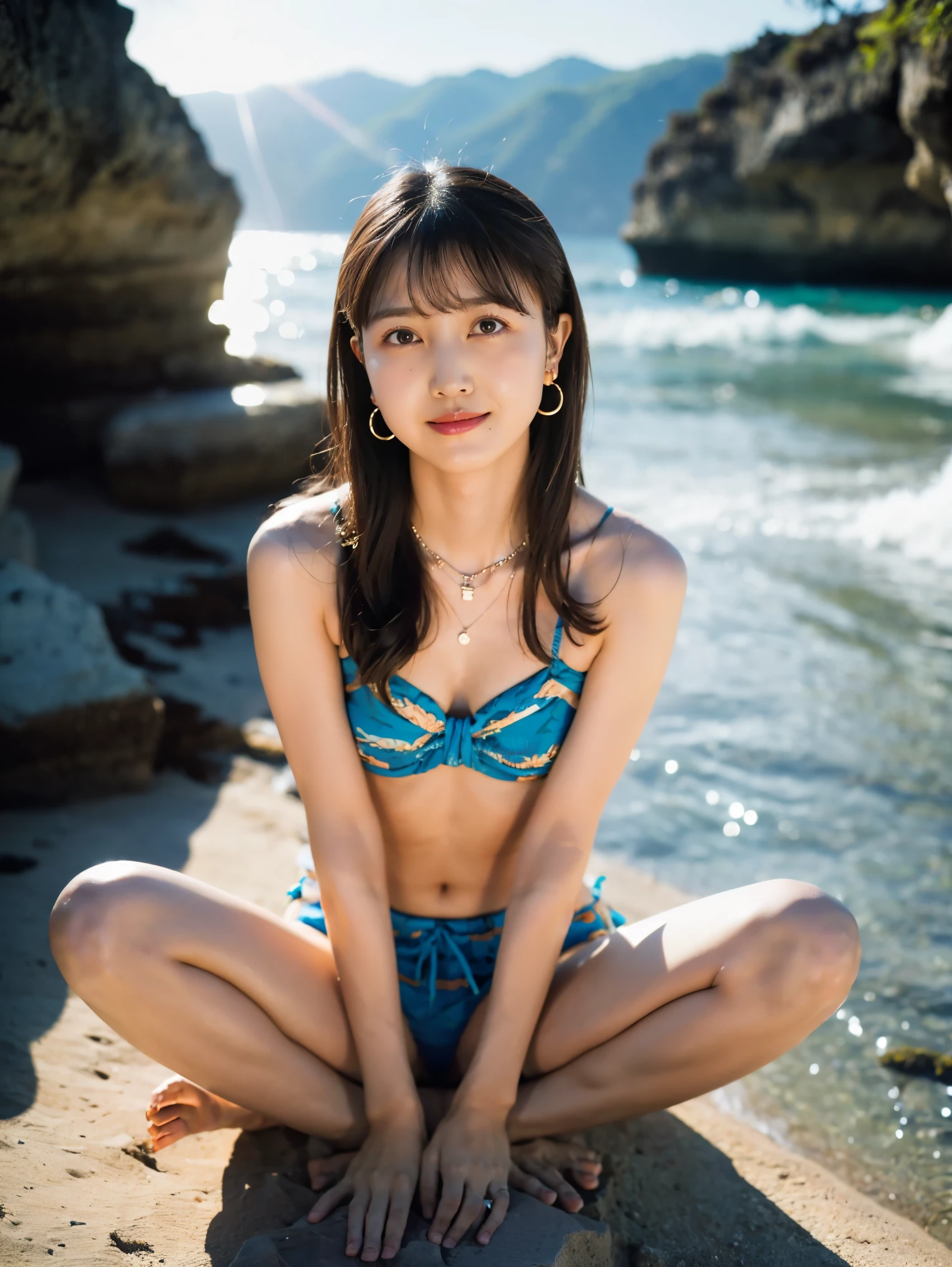 nsfw:1.2, from below:1.4,front focus:1.5,(8k RAW photo,Live Shooting, best quality, masterpiece:1.37), Extreme light and shadow, full body shot :1.5, Detailed clavicle, thin due to small things necklace, earrings for a woman alone,(( 1 girl)), Japanese idol ,(Alone), 3d,(( camera )), perfect anatomy,break(( brown hair on the abdomen),(Brown brown long hair )),bangs:1.4,(( Brown Eyes )),(Grin:0.5), ( happy :0.9),Big Breasts, clevis, underbust :1.6,( thin due to small things necklace, earrings for a woman alone),break,( Completely naked),Majora:1.2, camel toe :1.4,break(Sit-in, spreads legs),break (Bali Beach, the shining sun , Blue Sea, Baiyun)