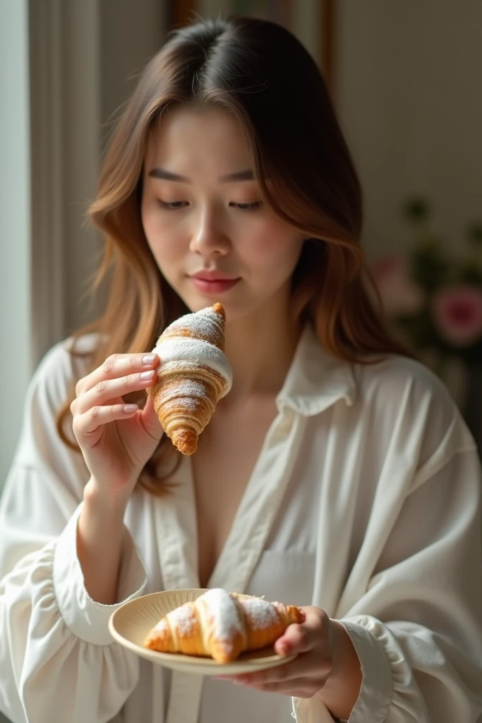 Create a hyper-realistic image of a girl made from a croissant, on white background