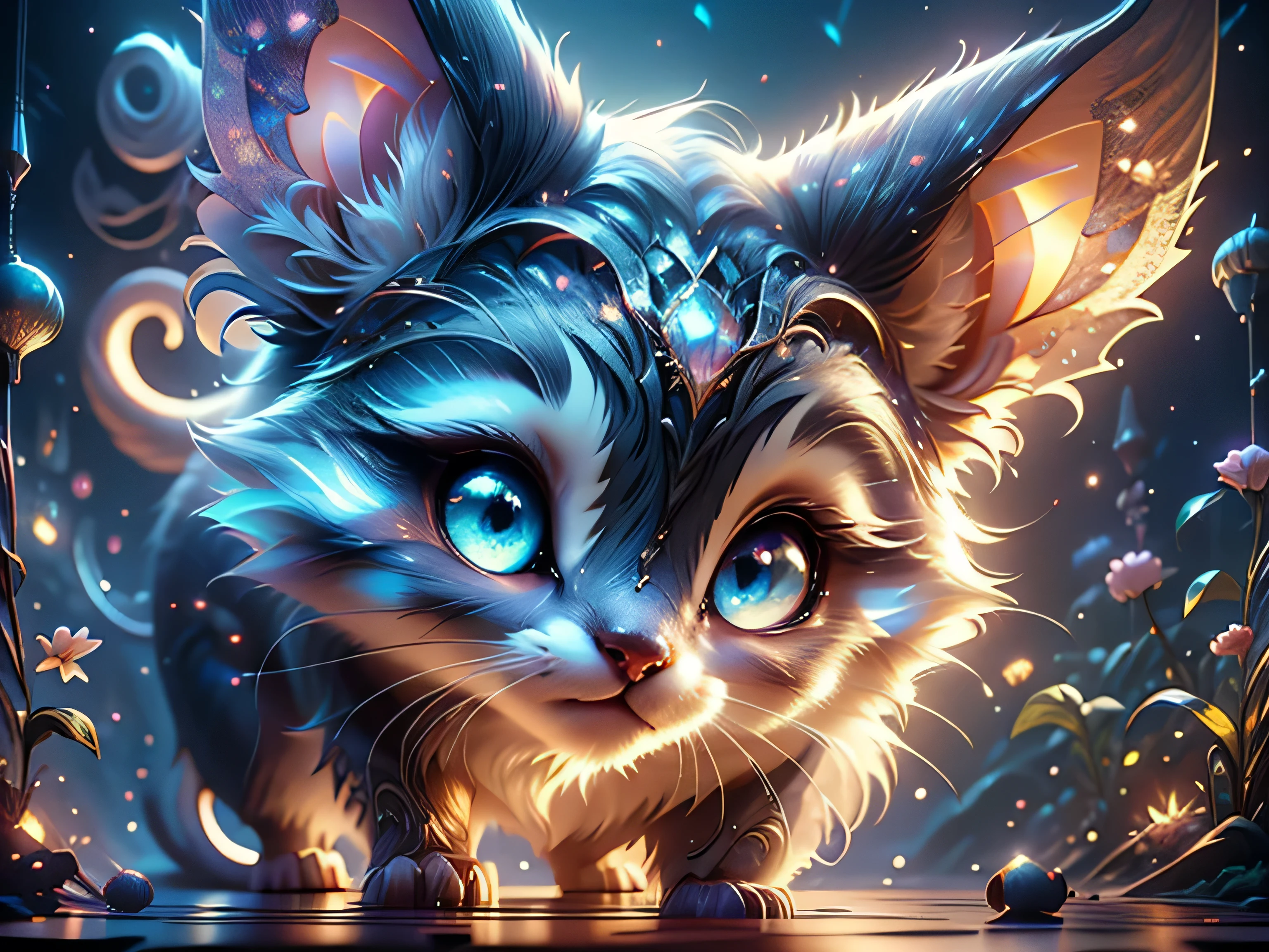 Magical Fantasy Creature, (Best Quality, Masterpiece, Representative Work, Official Art, Professional, Super Detailed, 8k:1.3), (Photorealism:1.2) Super Cute, Big Eyes, Soft, Soft Nose, Fluffy, Two-Toothed Smile, Bat Mouse Hanging Upside Down, Realistic, Beautiful, Stars in Eyes, Soft Volumetric Light, (Backlight:1.3), (Cinematic:1.2), Intricate Details, (ArtStation:1.3), --auto --s2