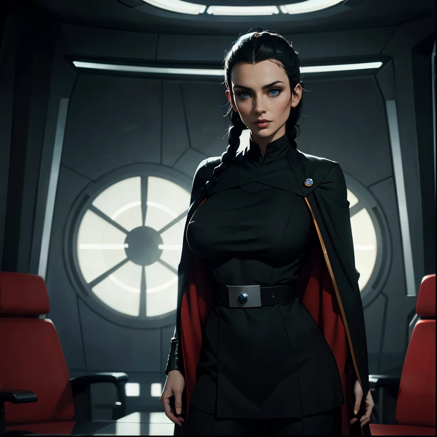 Incredibly detailed wide angle shot shot of a gorgeous and skinny woman with EXTREMELY SAGGY MASSIVE breasts, nipples visible through clothing, a narrow waist, a supermodel thin body, with VERY narrow hips, super thin legs, (bimbo lips), vivid blue eyes, extremely detailed face, thoughtful expression, (long ((black)) hair styled in braid), Star Wars Imperial Officer black uniform, ((crimson) admiral cape), matte paint, atmospheric, dramatic lighting, standing inside an imperial space ship.