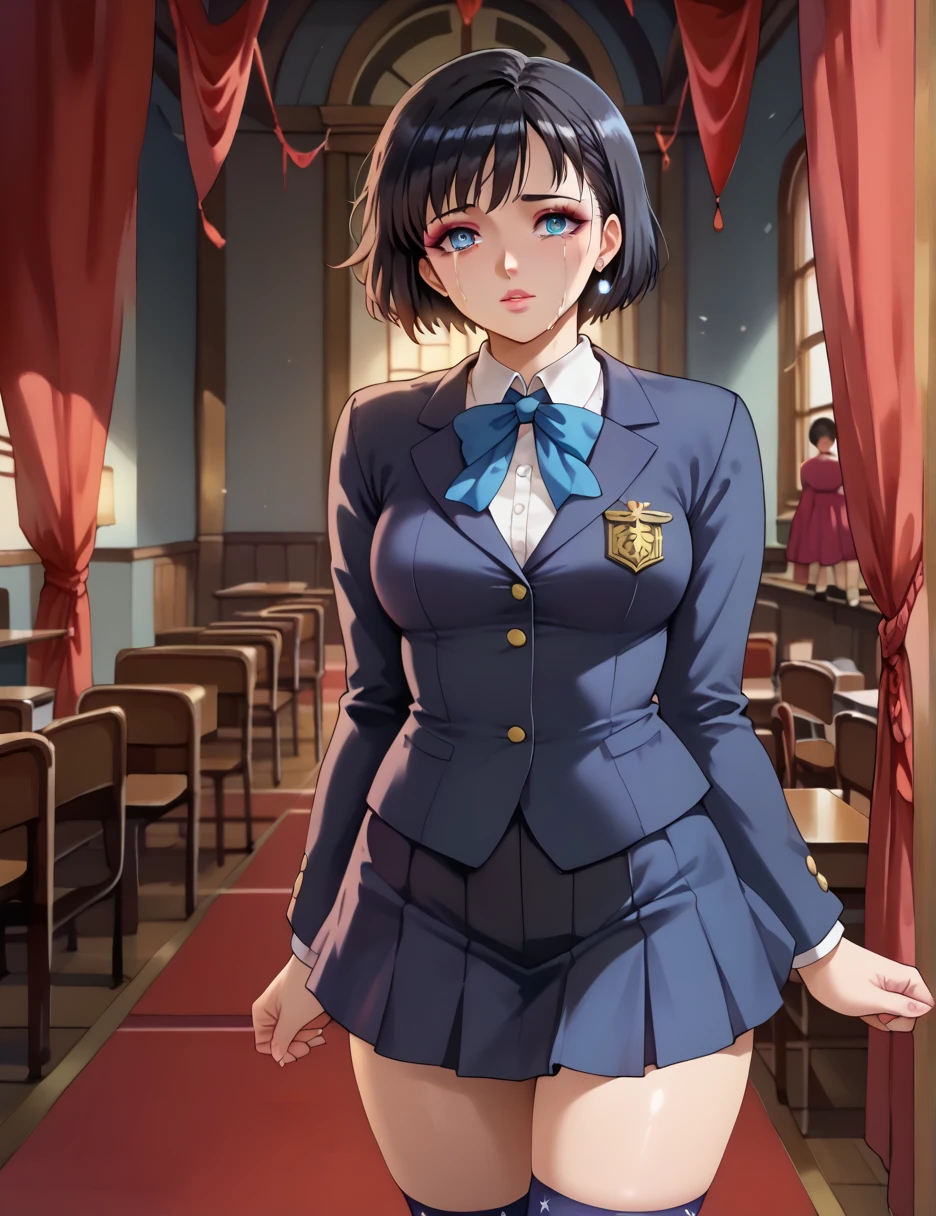 、 standing、masterpiece,  best quality, shape,  Very detailed, Delicate details,  high definition , 8k, wallpaper,  perfect dynamic configuration that will touch your heart,( high quality ,  Realistic Eye Depiction:1.3), ( , High school girl )), 、Women&#39;s Uniform、 blazer 、、  navy blue knee-high socks 、、Huge 、 Disheveled uniform , ,  short bob hair,  black hair color, Hugeな胸,  big natural color lips, , ,(Perfect shape), Crying a little、Harajuku Style、Beautiful Makeup,Sparkly Makeup,Cute 1,  beautiful legs, ,  Full Thighs 